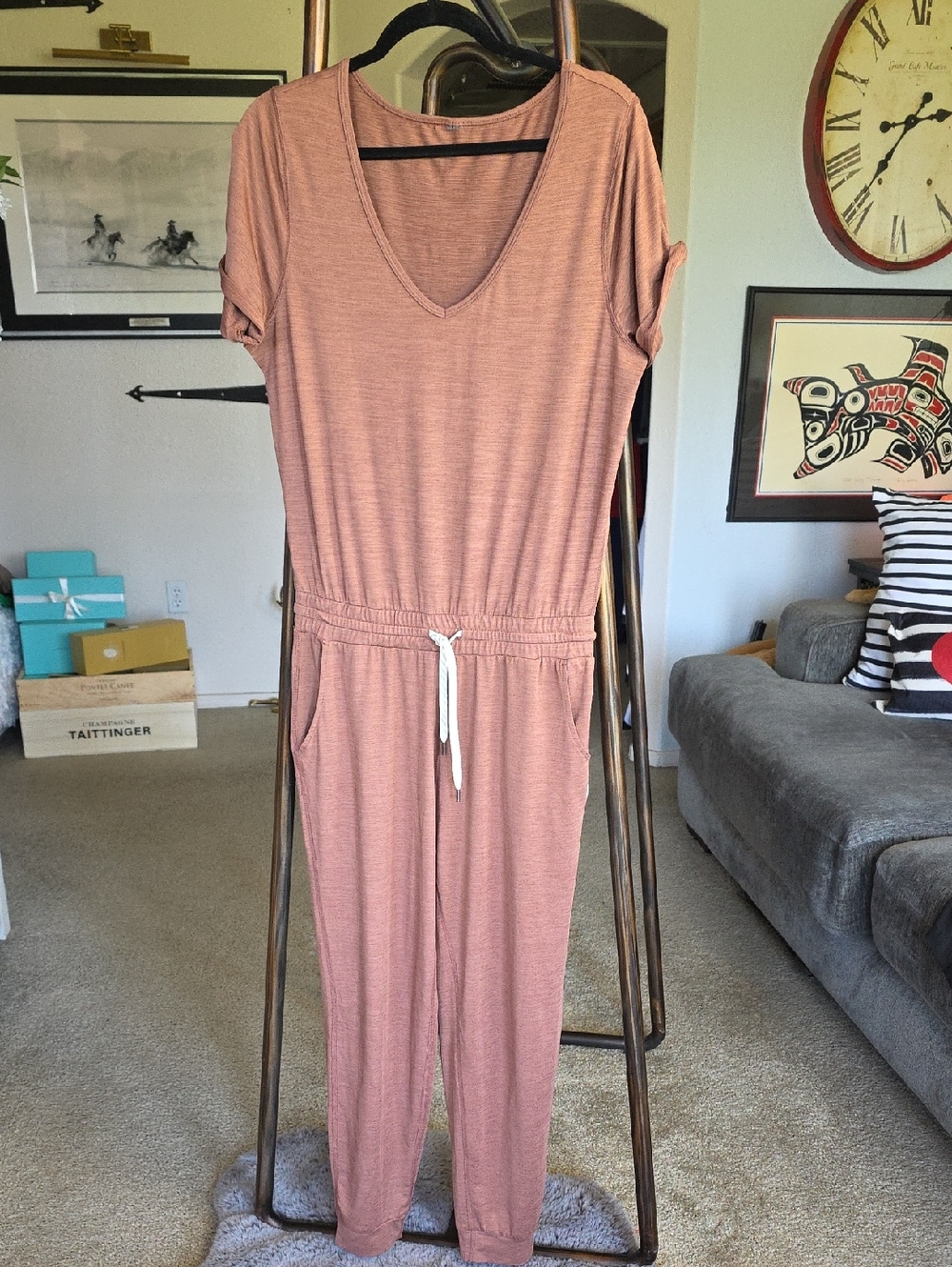 Vuori Dusty Rose Short Sleeve V-Neck Jumpsuit with Drawstring See Measurements